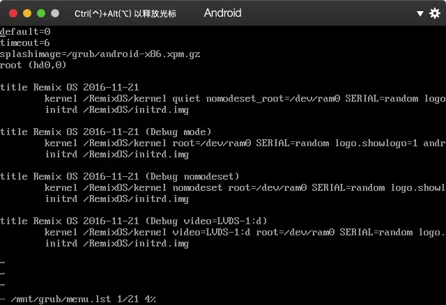 按I键进入编辑模式，把第一个title下面的 root=/dev/ram0 改成 nomodeset_root=/dev/ram0，然后重启